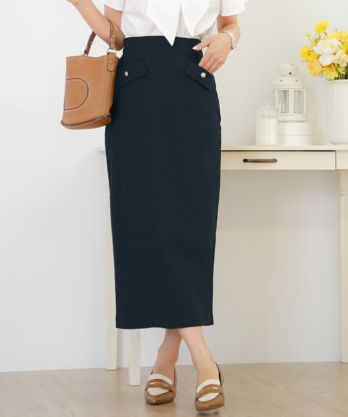 ボトムス スカート タイトスカート ナロースカート きれいめ 上品 エレガント 細身 スリット ポケット エンブレム ボタン ゴールド タイトめ ストレッチ ハイストレッチ 無地 ギンガム オールシーズン 秋 冬 春 夏