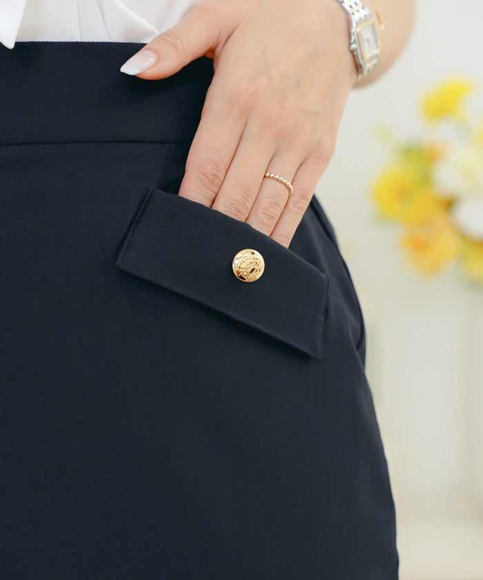 ボトムス スカート タイトスカート ナロースカート きれいめ 上品 エレガント 細身 スリット ポケット エンブレム ボタン ゴールド タイトめ ストレッチ ハイストレッチ 無地 ギンガム オールシーズン 秋 冬 春 夏