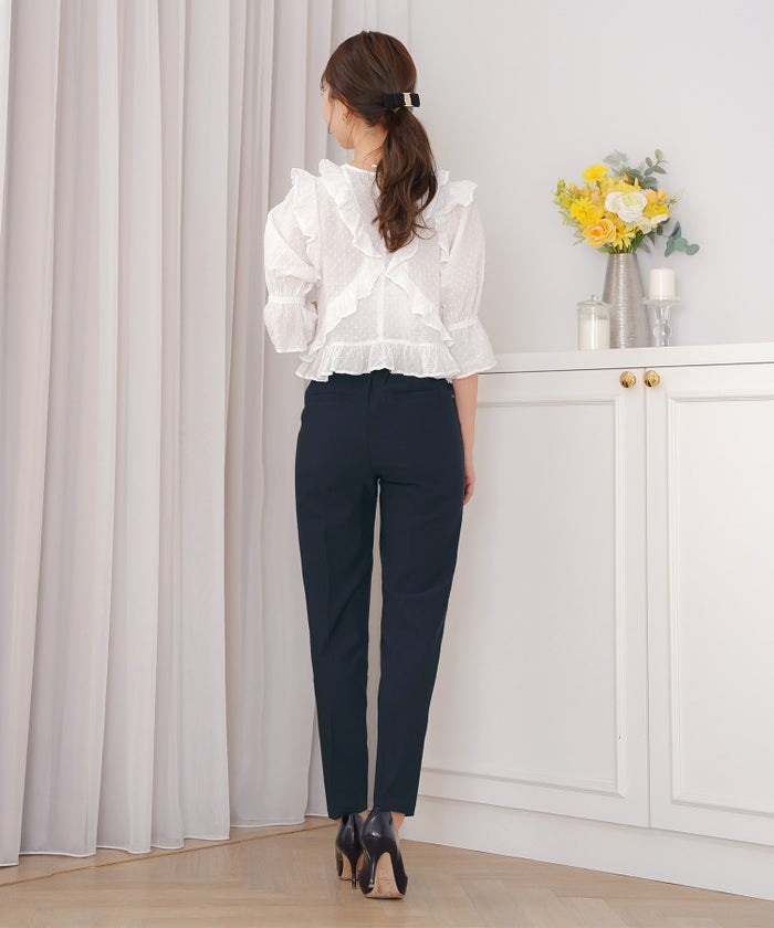 ボトムス テーパードパンツ パンツ きれいめ 上品 エレガント 細身 スリット ポケット エンブレム ボタン ゴールド タイトめ ストレッチ ハイストレッチ 無地 ギンガム オールシーズン 秋 冬 春 夏