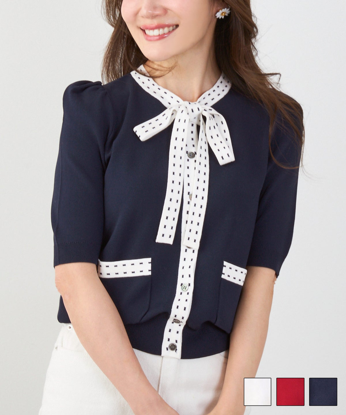 ステッチ ジャガード ボウタイ５分袖 カーディガン Liala×PG