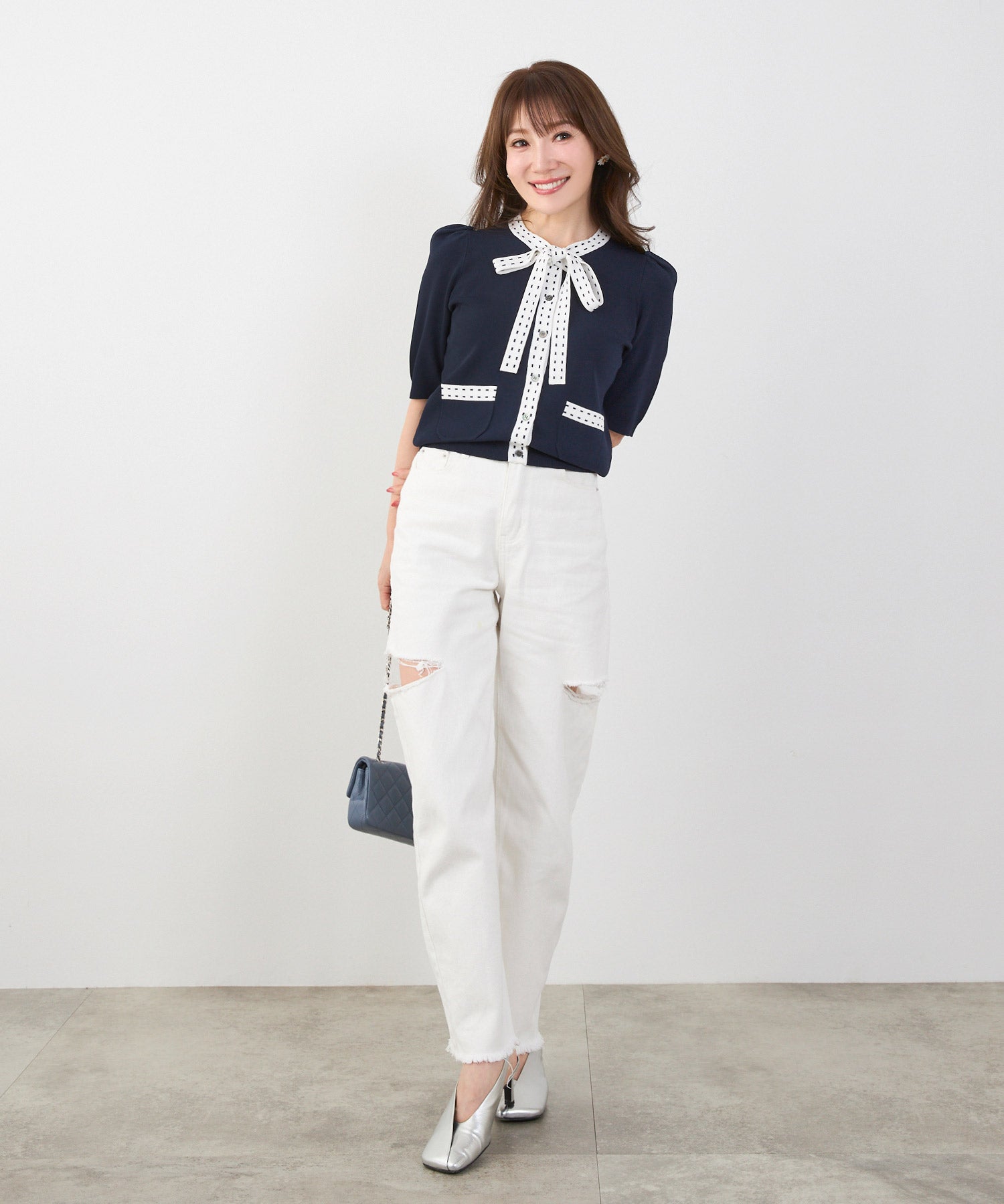 ステッチ ジャガード ボウタイ５分袖 カーディガン Liala×PG