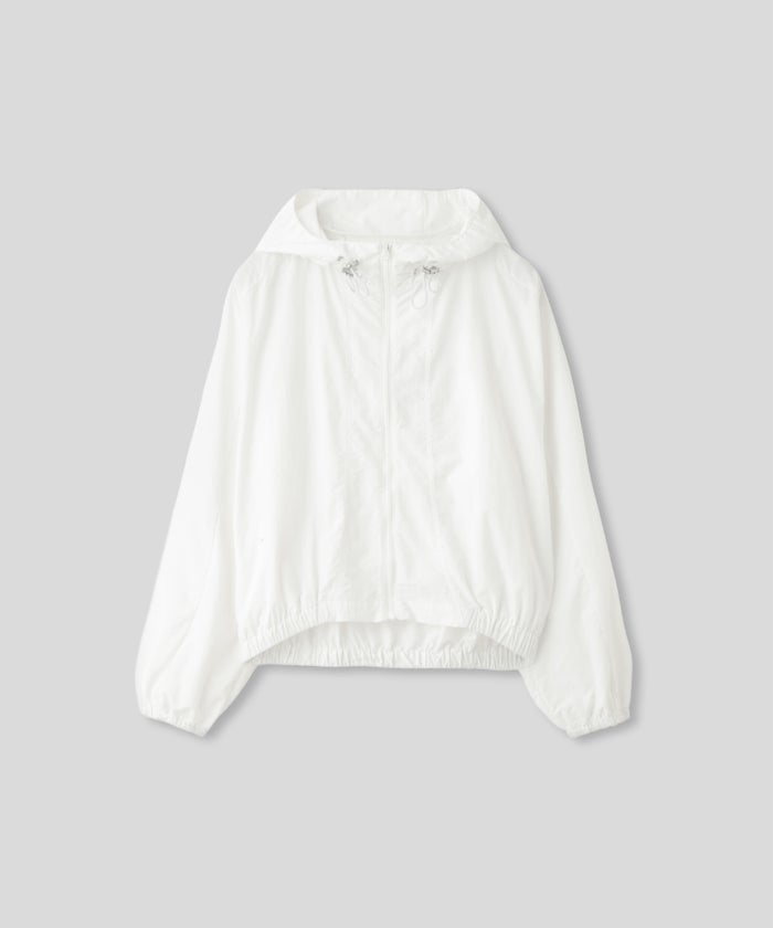 ［UＶカット］シアー ギャザリング フード ブルゾン KINO THE KEI ナイロンブルゾン フードブルゾン ライトアウター ショートブルゾン ナイロンジャケット フードジャケット ウィンドブレーカー ドローストリングブルゾン ドロストデザイン ギャザーネック スタンドネックブルゾン