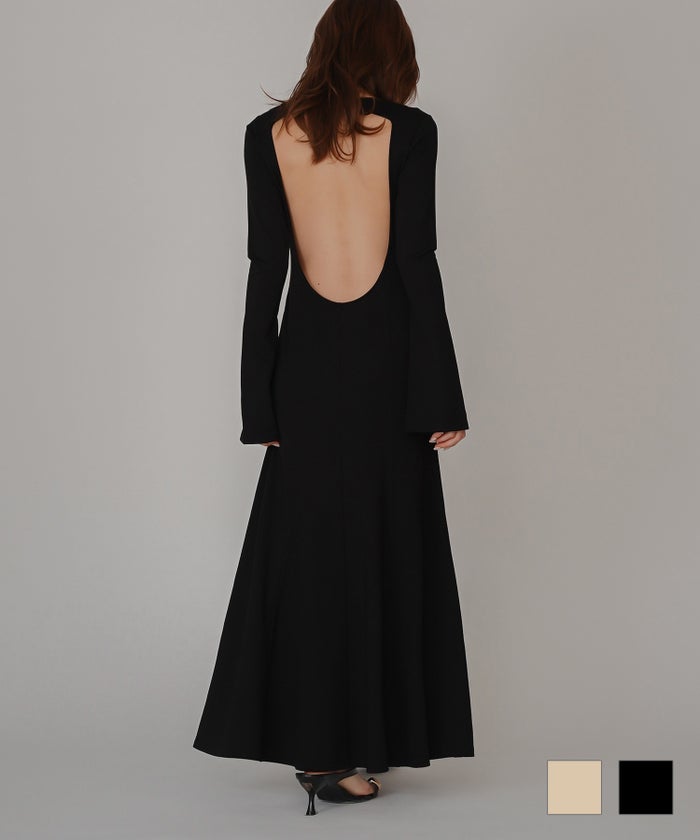 バック スクープオープン フレア ワンピース KINO THE KEI バックオープンワンピース スクープバックワンピース ボートネックワンピース フレアワンピース ロングワンピース デザインワンピース 美シルエットワンピース スタイルアップワンピース 大人フェミニンワンピース