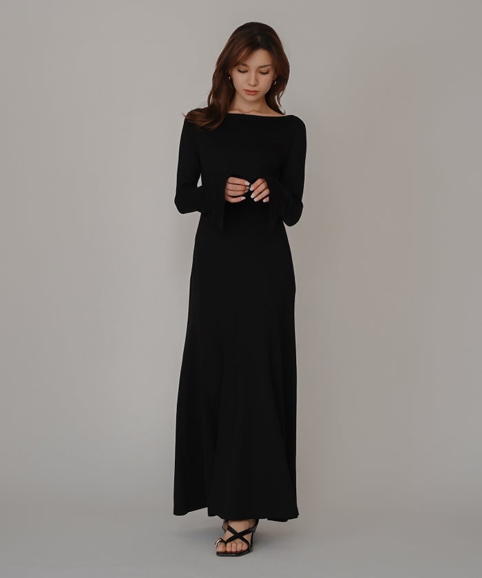 バック スクープオープン フレア ワンピース KINO THE KEI バックオープンワンピース スクープバックワンピース ボートネックワンピース フレアワンピース ロングワンピース デザインワンピース 美シルエットワンピース スタイルアップワンピース 大人フェミニンワンピース