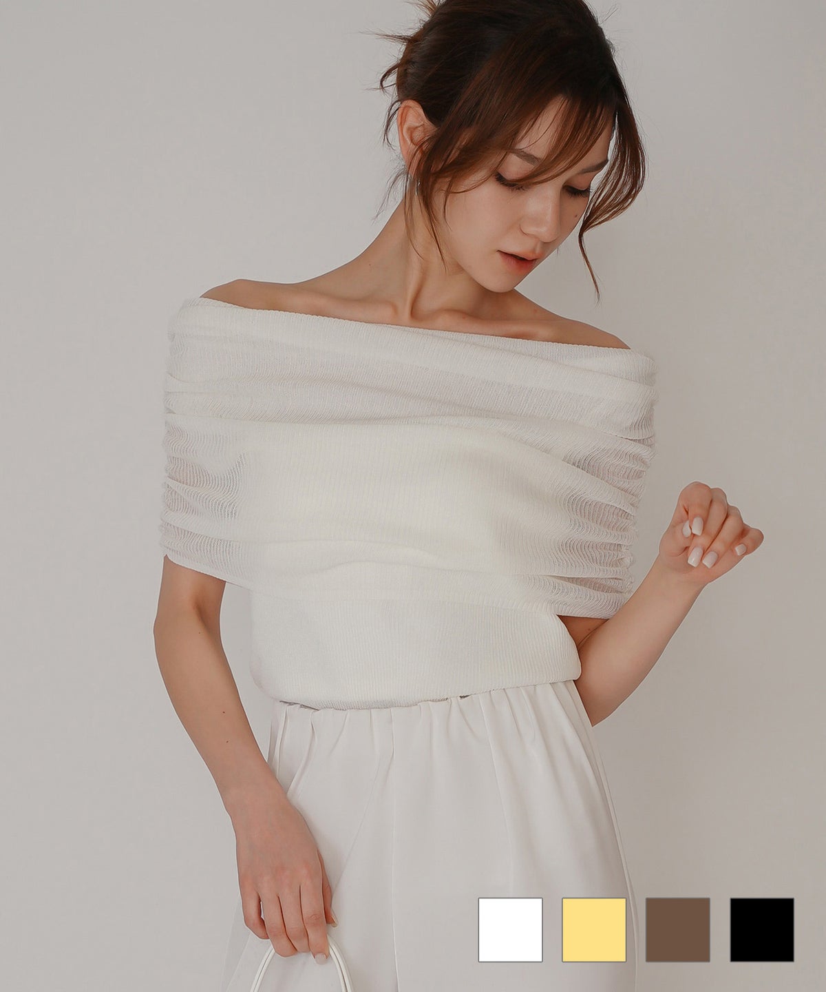 オフショル アレンジ ニット KINO THE KEI オフショルダートップス オフショルニット ワンショルダートップス ドレープトップス リブニットトップス フィットニット コンパクトトップス デザインニット 肌見せトップス