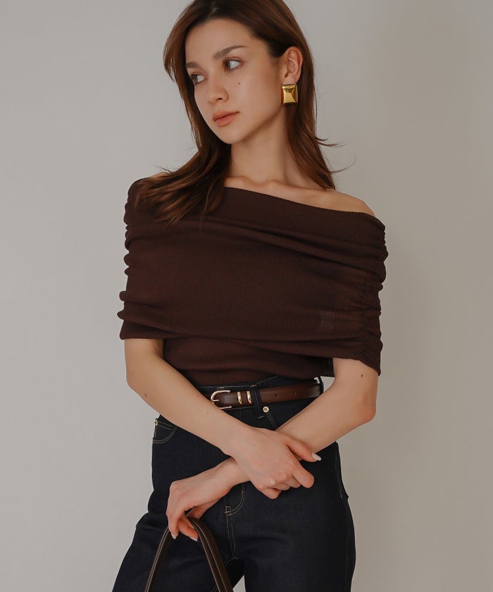 オフショル アレンジ ニット KINO THE KEI オフショルダートップス オフショルニット ワンショルダートップス ドレープトップス リブニットトップス フィットニット コンパクトトップス デザインニット 肌見せトップス