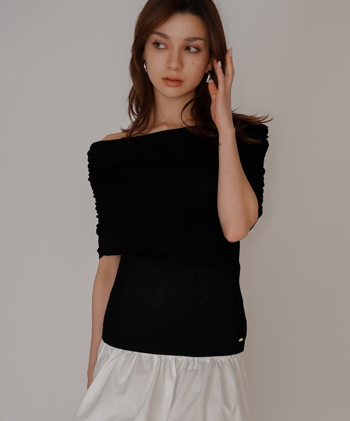 オフショル アレンジ ニット KINO THE KEI オフショルダートップス オフショルニット ワンショルダートップス ドレープトップス リブニットトップス フィットニット コンパクトトップス デザインニット 肌見せトップス