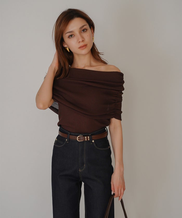 オフショル アレンジ ニット KINO THE KEI オフショルダートップス オフショルニット ワンショルダートップス ドレープトップス リブニットトップス フィットニット コンパクトトップス デザインニット 肌見せトップス