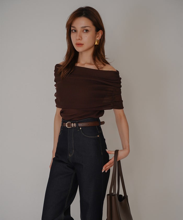 オフショル アレンジ ニット KINO THE KEI オフショルダートップス オフショルニット ワンショルダートップス ドレープトップス リブニットトップス フィットニット コンパクトトップス デザインニット 肌見せトップス