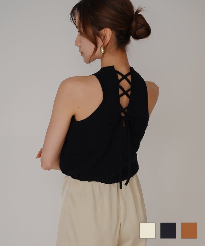 クラウド カット バックオープン アメスリニット KINO THE KEI バックオープン ニット バックシャン ニットトップス レースアップニット クロスストラップ ニット リボンデザイン 背中開きトップス リブニット ノースリーブニット タンクニット フィットニット