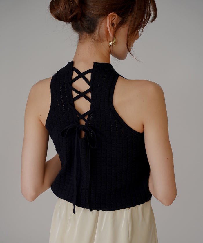 クラウド カット バックオープン アメスリニット KINO THE KEI バックオープン ニット バックシャン ニットトップス レースアップニット クロスストラップ ニット リボンデザイン 背中開きトップス リブニット ノースリーブニット タンクニット フィットニット