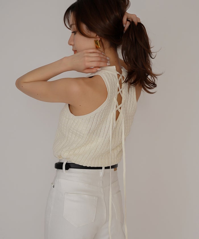 クラウド カット バックオープン アメスリニット KINO THE KEI バックオープン ニット バックシャン ニットトップス レースアップニット クロスストラップ ニット リボンデザイン 背中開きトップス リブニット ノースリーブニット タンクニット フィットニット