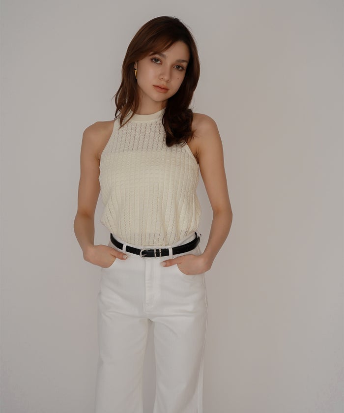 クラウド カット バックオープン アメスリニット KINO THE KEI バックオープン ニット バックシャン ニットトップス レースアップニット クロスストラップ ニット リボンデザイン 背中開きトップス リブニット ノースリーブニット タンクニット フィットニット