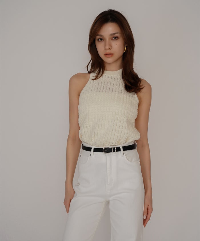 クラウド カット バックオープン アメスリニット KINO THE KEI バックオープン ニット バックシャン ニットトップス レースアップニット クロスストラップ ニット リボンデザイン 背中開きトップス リブニット ノースリーブニット タンクニット フィットニット