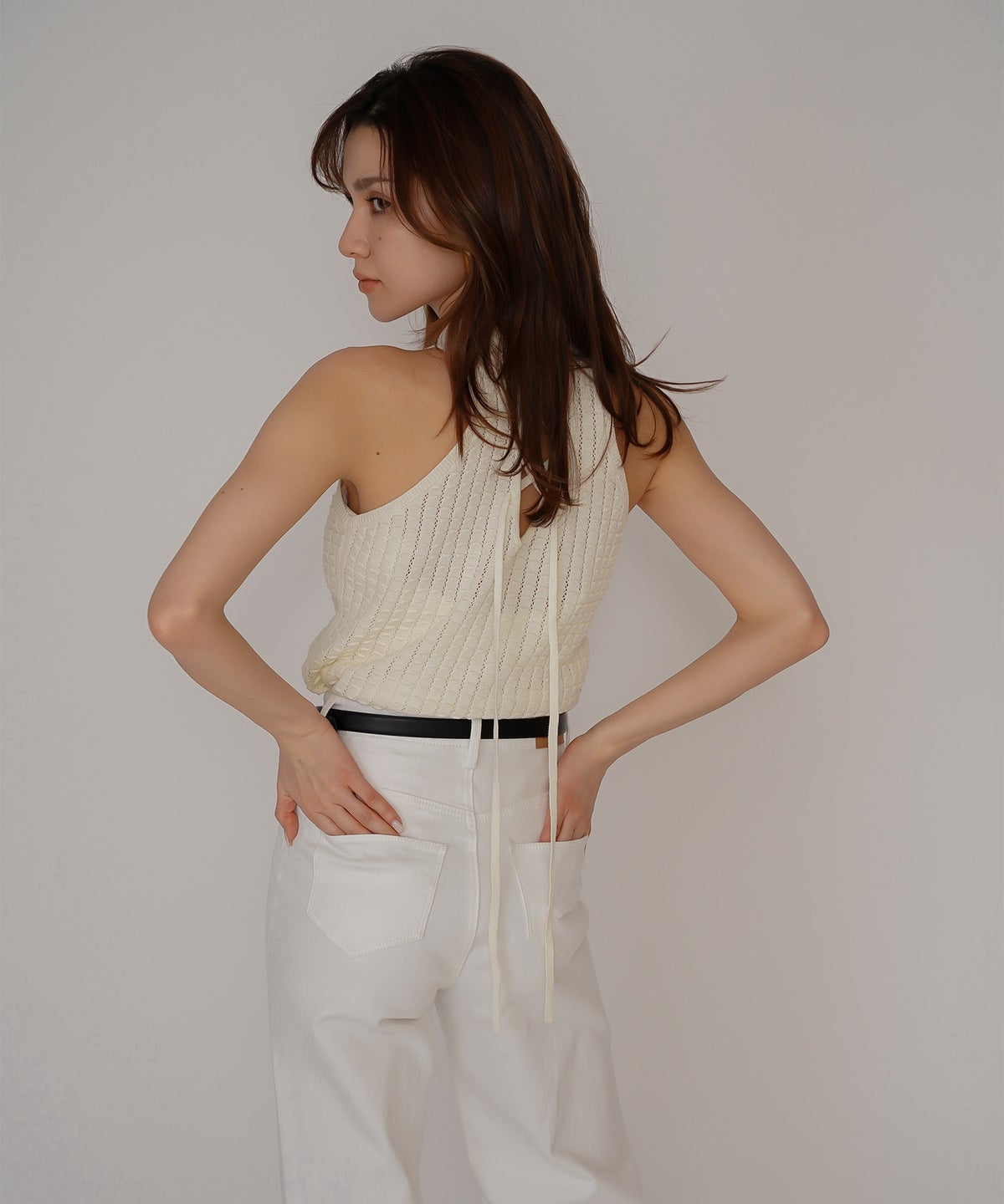 クラウド カット バックオープン アメスリニット KINO THE KEI バックオープン ニット バックシャン ニットトップス レースアップニット クロスストラップ ニット リボンデザイン 背中開きトップス リブニット ノースリーブニット タンクニット フィットニット