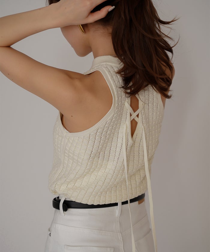 クラウド カット バックオープン アメスリニット KINO THE KEI バックオープン ニット バックシャン ニットトップス レースアップニット クロスストラップ ニット リボンデザイン 背中開きトップス リブニット ノースリーブニット タンクニット フィットニット
