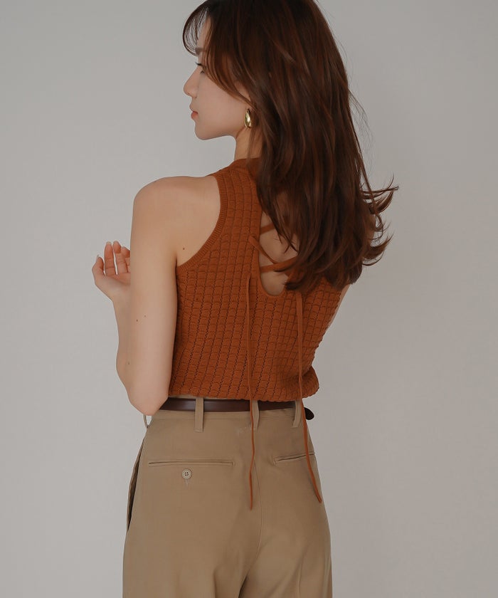 クラウド カット バックオープン アメスリニット KINO THE KEI バックオープン ニット バックシャン ニットトップス レースアップニット クロスストラップ ニット リボンデザイン 背中開きトップス リブニット ノースリーブニット タンクニット フィットニット