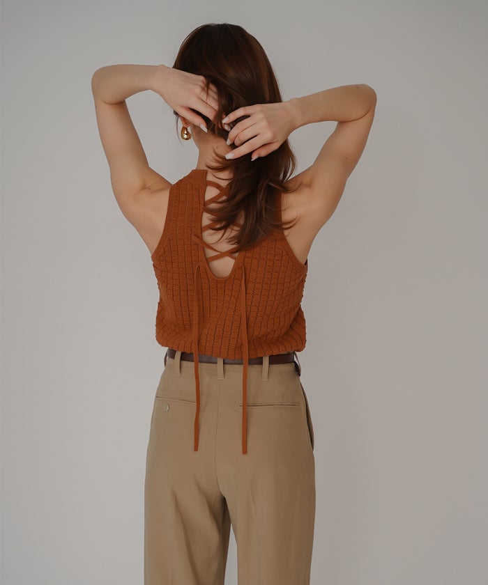 クラウド カット バックオープン アメスリニット KINO THE KEI バックオープン ニット バックシャン ニットトップス レースアップニット クロスストラップ ニット リボンデザイン 背中開きトップス リブニット ノースリーブニット タンクニット フィットニット