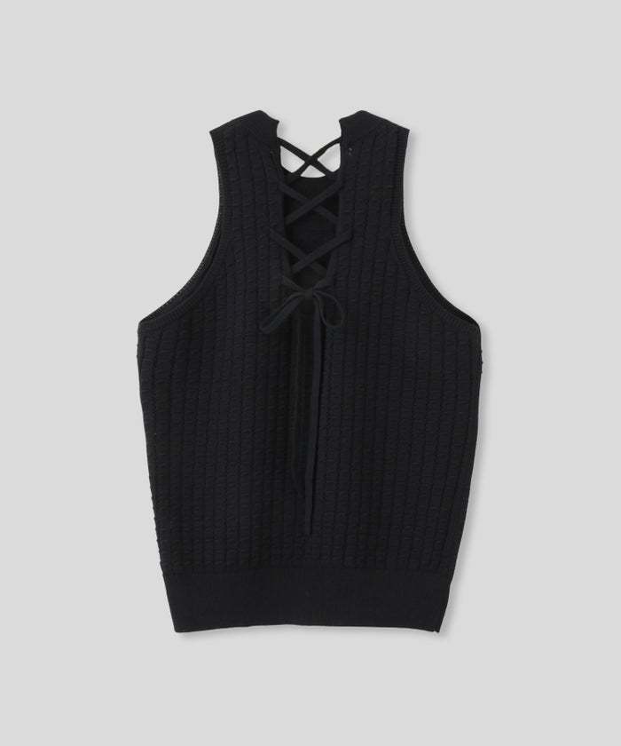 クラウド カット バックオープン アメスリニット KINO THE KEI バックオープン ニット バックシャン ニットトップス レースアップニット クロスストラップ ニット リボンデザイン 背中開きトップス リブニット ノースリーブニット タンクニット フィットニット