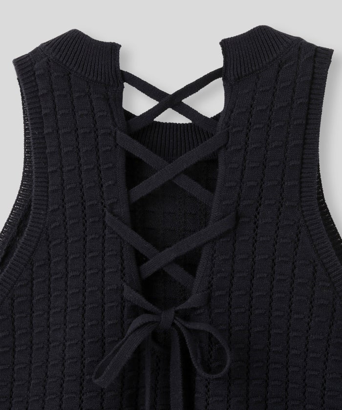 クラウド カット バックオープン アメスリニット KINO THE KEI バックオープン ニット バックシャン ニットトップス レースアップニット クロスストラップ ニット リボンデザイン 背中開きトップス リブニット ノースリーブニット タンクニット フィットニット