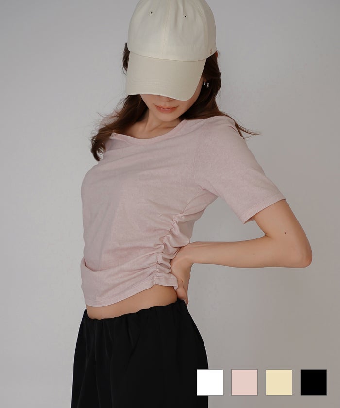 スクープネック サイド ギャザー フィットTEE KINO THE KEI サイドギャザー Tシャツ フィットTEE コンパクトT クロップド丈 Uネック デコルテ見せ ギャザートップス タイトトップス 着痩せトップス スタイルアップ 抜け感 女性らしい きれいめカジュアルシンプルコーデ トレンドトップス 春夏トップス レイヤードコーデ