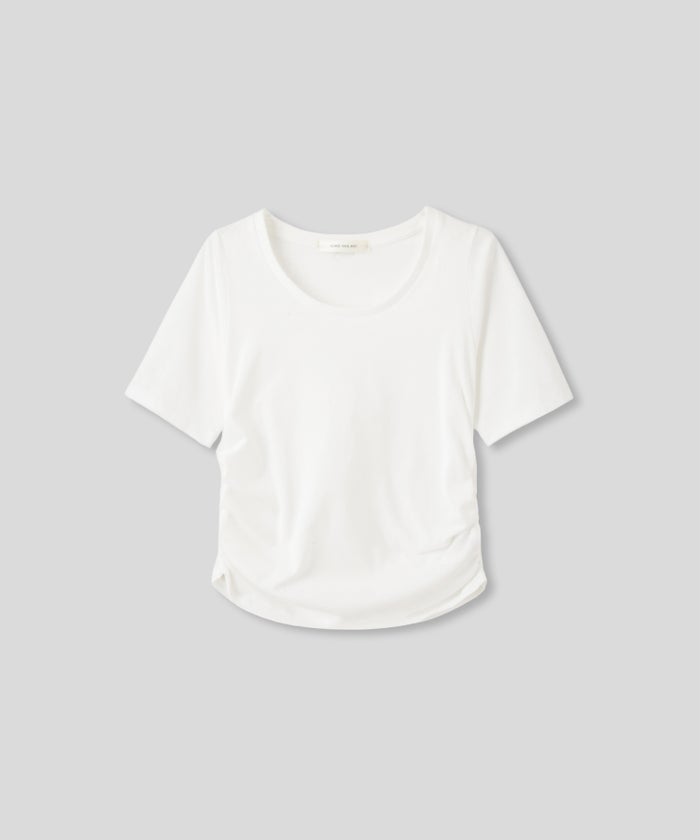 スクープネック サイド ギャザー フィットTEE KINO THE KEI サイドギャザー Tシャツ フィットTEE コンパクトT クロップド丈 Uネック デコルテ見せ ギャザートップス タイトトップス 着痩せトップス スタイルアップ 抜け感 女性らしい きれいめカジュアルシンプルコーデ トレンドトップス 春夏トップス レイヤードコーデ