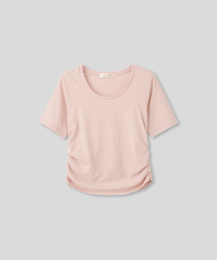 スクープネック サイド ギャザー フィットTEE KINO THE KEI サイドギャザー Tシャツ フィットTEE コンパクトT クロップド丈 Uネック デコルテ見せ ギャザートップス タイトトップス 着痩せトップス スタイルアップ 抜け感 女性らしい きれいめカジュアルシンプルコーデ トレンドトップス 春夏トップス レイヤードコーデ