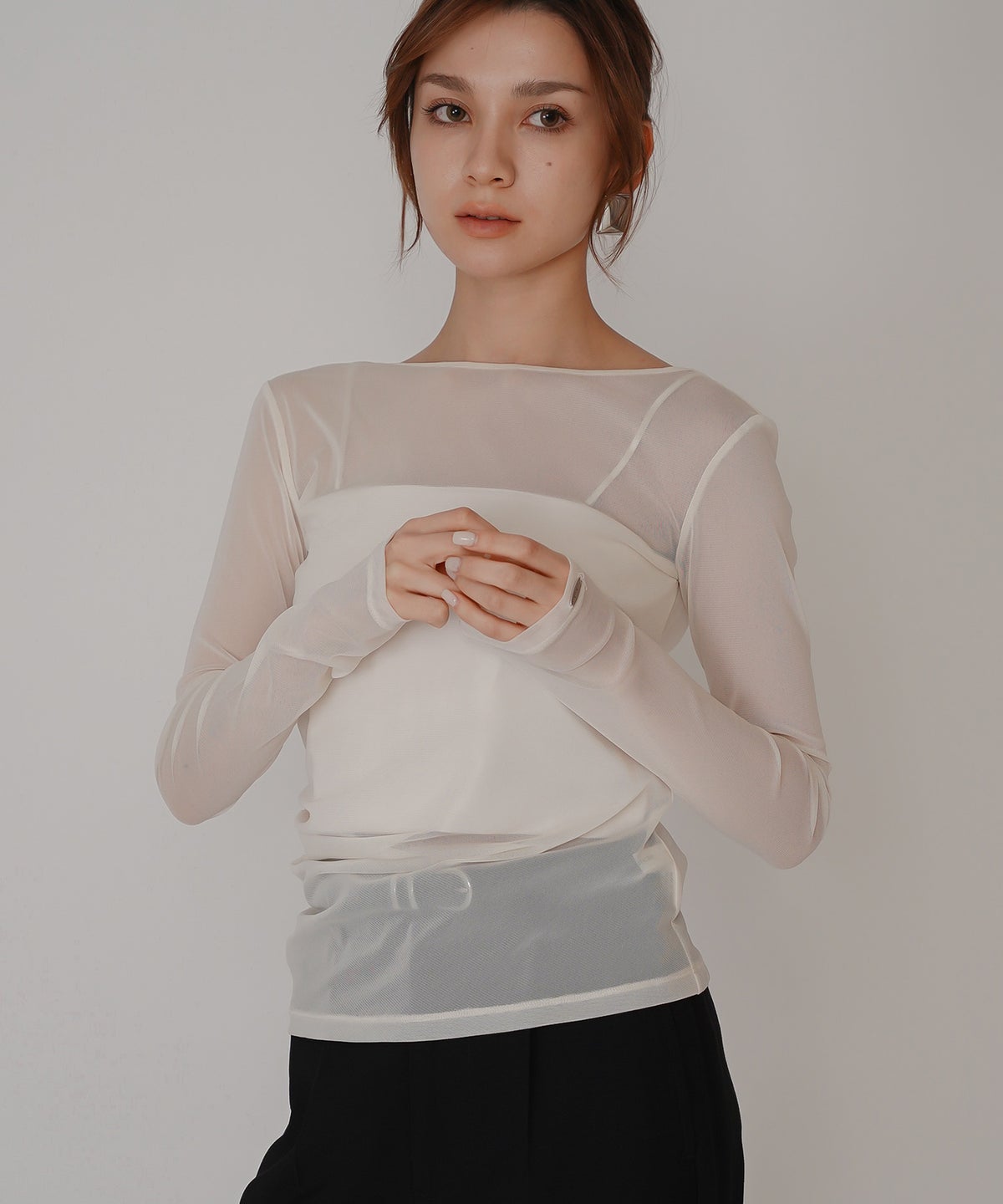 セカンドスキン シアー アシンメトリー トップス KINO THE KEI 変形トップス アシンメトリートップス ドレープトップス デザイントップス フィットトップス セカンドスキントップス レイヤードトップス インナートップス ロングスリーブトップス コンパクトトップス 美シルエットトップス