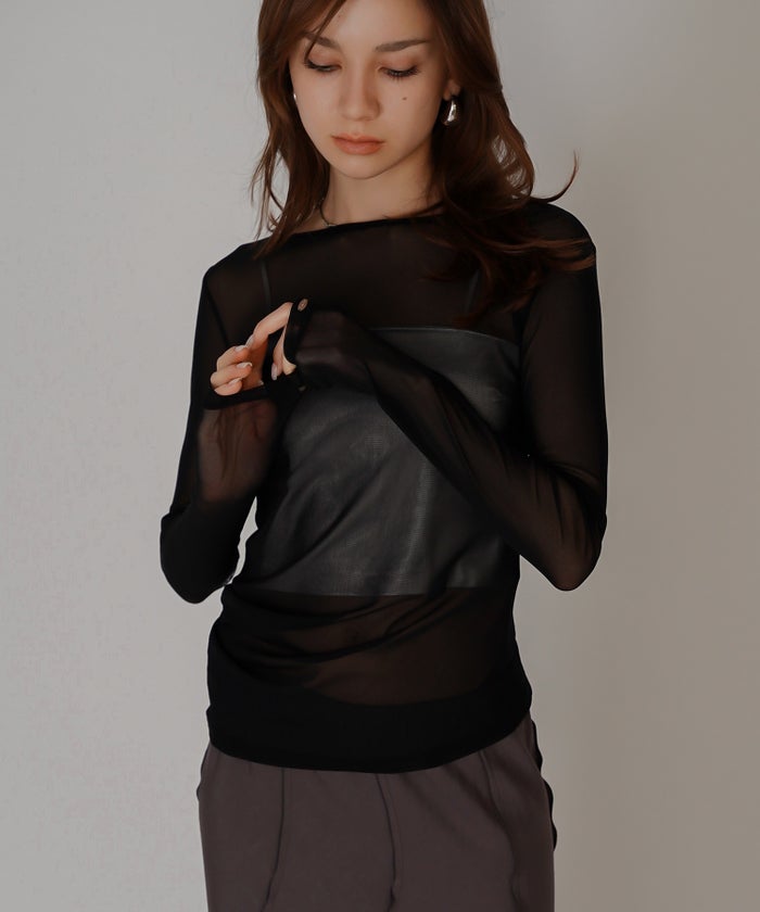 セカンドスキン シアー アシンメトリー トップス KINO THE KEI 変形トップス アシンメトリートップス ドレープトップス デザイントップス フィットトップス セカンドスキントップス レイヤードトップス インナートップス ロングスリーブトップス コンパクトトップス 美シルエットトップス