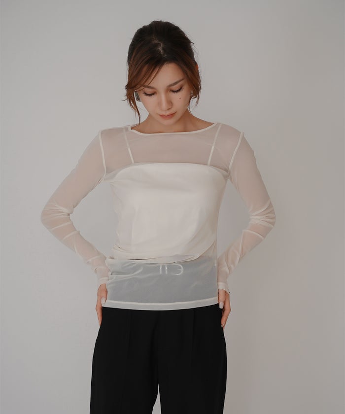 セカンドスキン シアー アシンメトリー トップス KINO THE KEI 変形トップス アシンメトリートップス ドレープトップス デザイントップス フィットトップス セカンドスキントップス レイヤードトップス インナートップス ロングスリーブトップス コンパクトトップス 美シルエットトップス