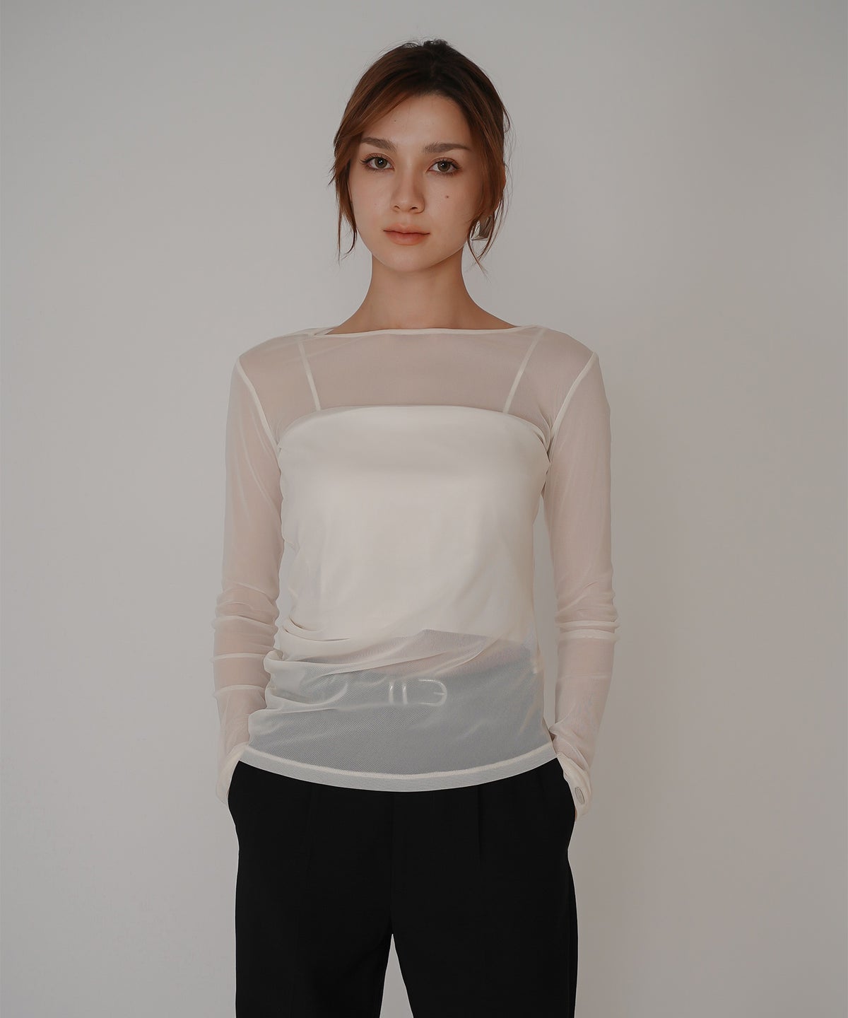 セカンドスキン シアー アシンメトリー トップス KINO THE KEI 変形トップス アシンメトリートップス ドレープトップス デザイントップス フィットトップス セカンドスキントップス レイヤードトップス インナートップス ロングスリーブトップス コンパクトトップス 美シルエットトップス