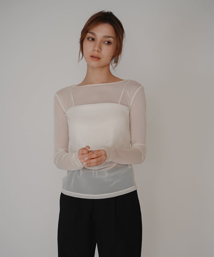 セカンドスキン シアー アシンメトリー トップス KINO THE KEI 変形トップス アシンメトリートップス ドレープトップス デザイントップス フィットトップス セカンドスキントップス レイヤードトップス インナートップス ロングスリーブトップス コンパクトトップス 美シルエットトップス