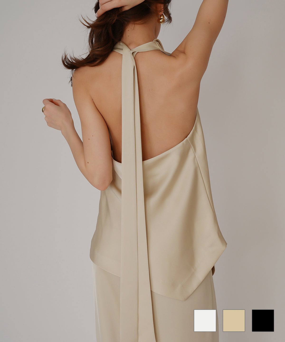 ホルター ドレープ サテン ブラウス KINO THE KEI ホルターネック ブラウス サテンブラウス サテン バックオープン トップス アシンメトリー ドレープ 光沢感 落ち感 とろみ素材 上品 ヘルシー 肌見せ モード きれいめ オケージョン デート 女子会