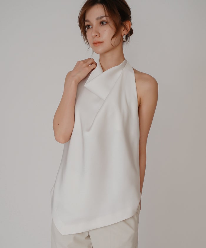 ホルター ドレープ サテン ブラウス KINO THE KEI ホルターネック ブラウス サテンブラウス サテン バックオープン トップス アシンメトリー ドレープ 光沢感 落ち感 とろみ素材 上品 ヘルシー 肌見せ モード きれいめ オケージョン デート 女子会