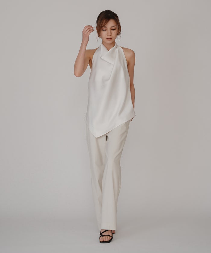 ホルター ドレープ サテン ブラウス KINO THE KEI ホルターネック ブラウス サテンブラウス サテン バックオープン トップス アシンメトリー ドレープ 光沢感 落ち感 とろみ素材 上品 ヘルシー 肌見せ モード きれいめ オケージョン デート 女子会