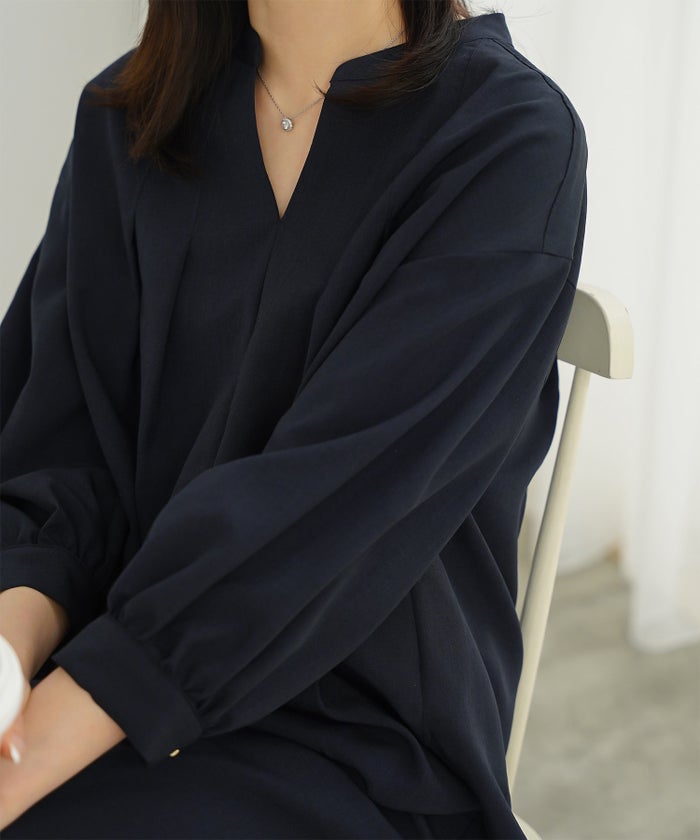 Vネック タック ブラウス レディース ファッション ウォッシャブル ライトグレー ピンク ネイビー M