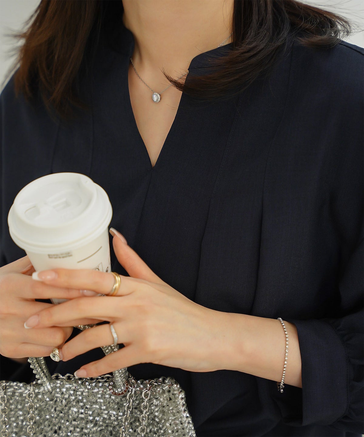 Vネック タック ブラウス レディース ファッション ウォッシャブル ライトグレー ピンク ネイビー M