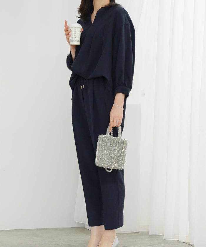 Vネック タック ブラウス レディース ファッション ウォッシャブル ライトグレー ピンク ネイビー M