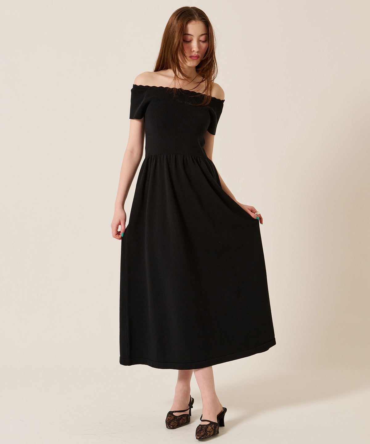 ニット/ワンピース/オフショル/バレエネック ロング ニットワンピース TINA：JOJUN