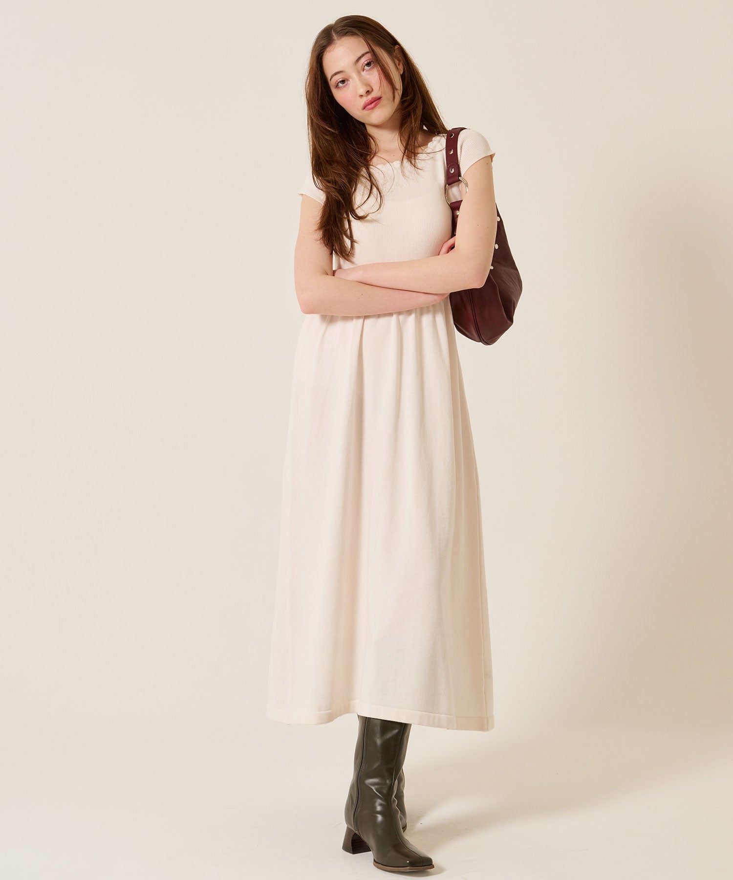 バレエネック ロング ニットワンピース TINA：JOJUN 全2色｜tnj321