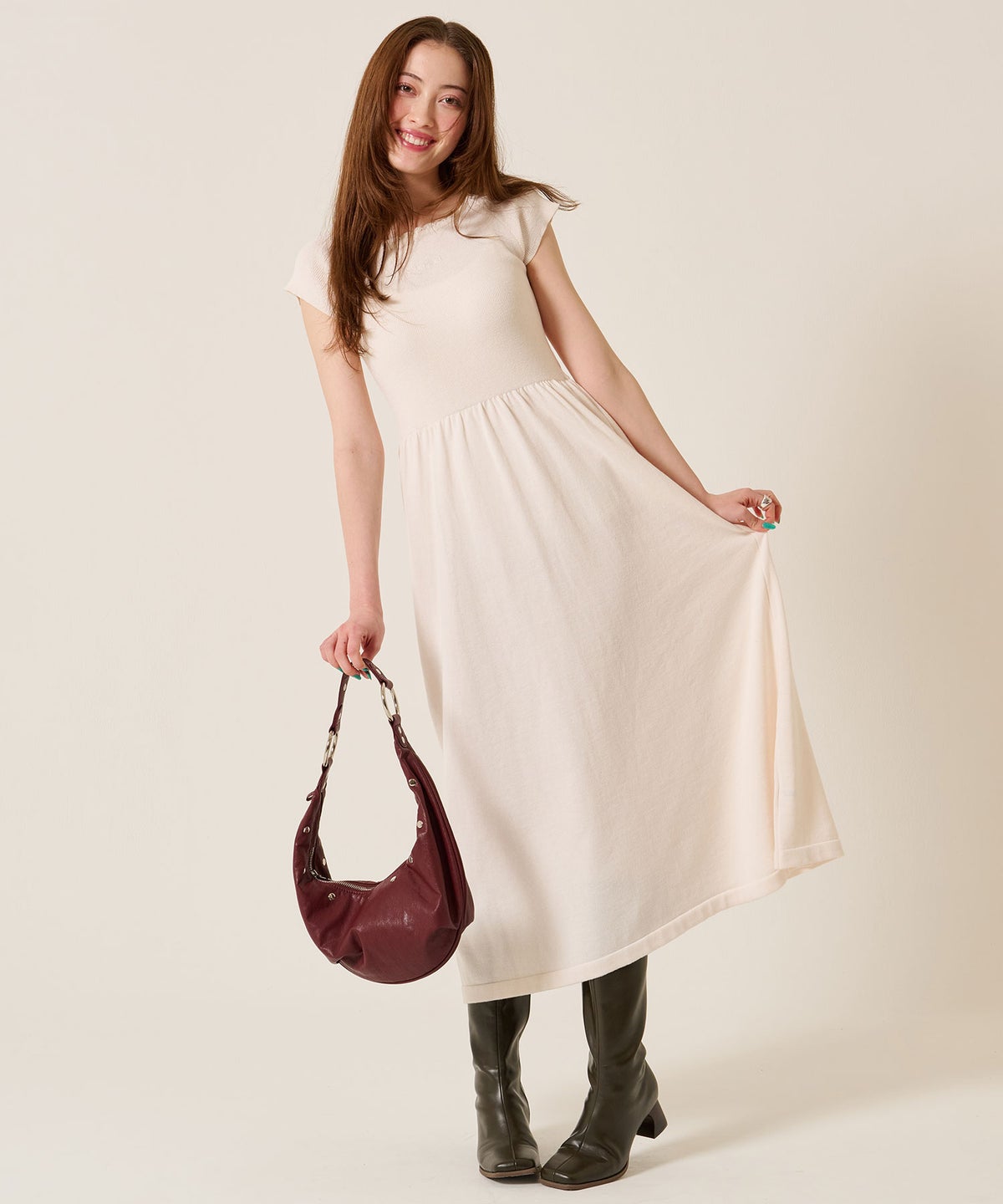 ニット/ワンピース/オフショル/バレエネック ロング ニットワンピース TINA：JOJUN