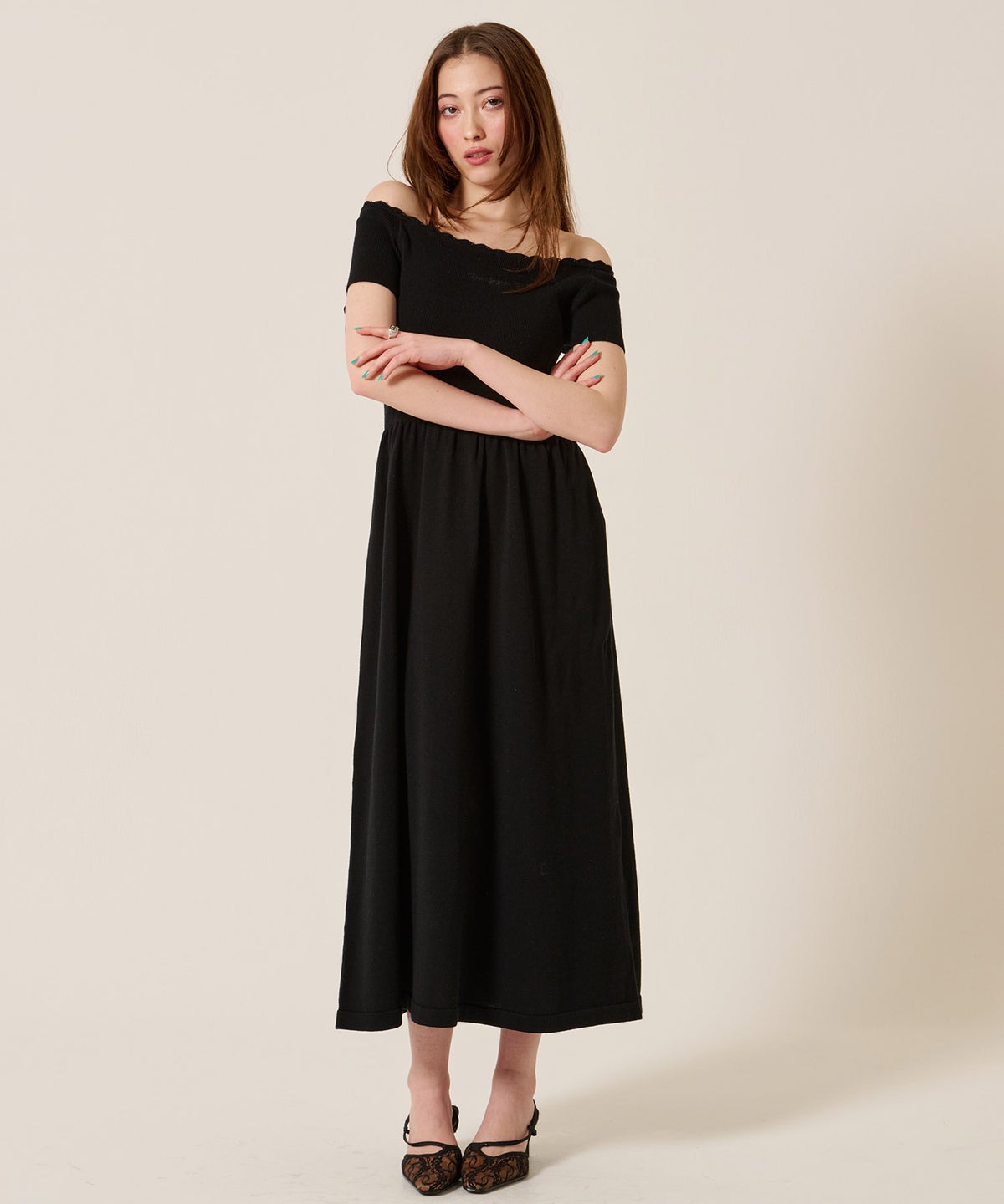 ニット/ワンピース/オフショル/バレエネック ロング ニットワンピース TINA：JOJUN