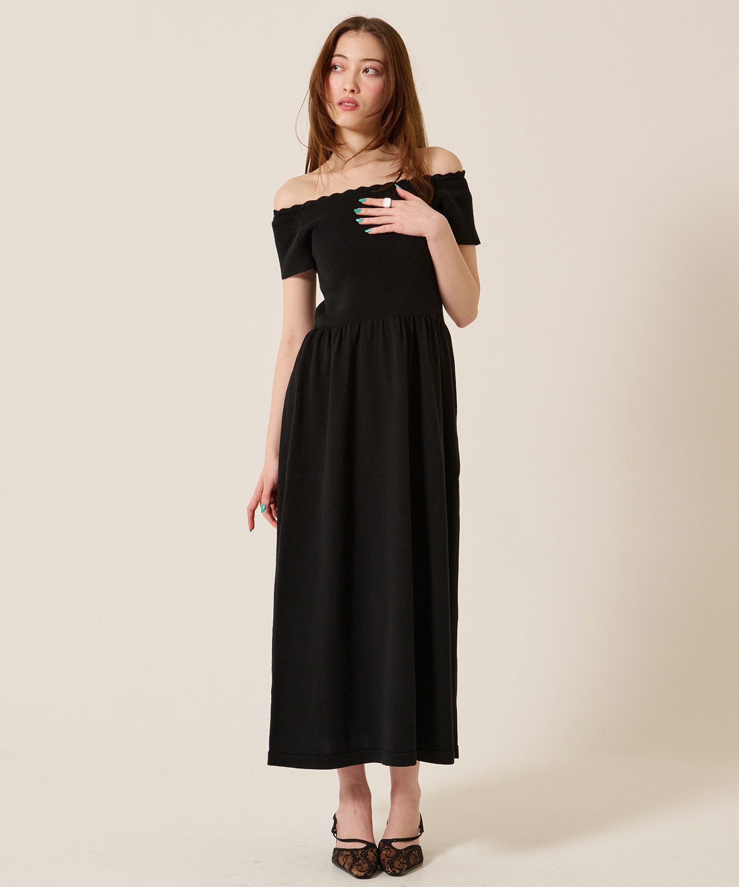 バレエネック ロング ニットワンピース TINA：JOJUN 全2色｜tnj321