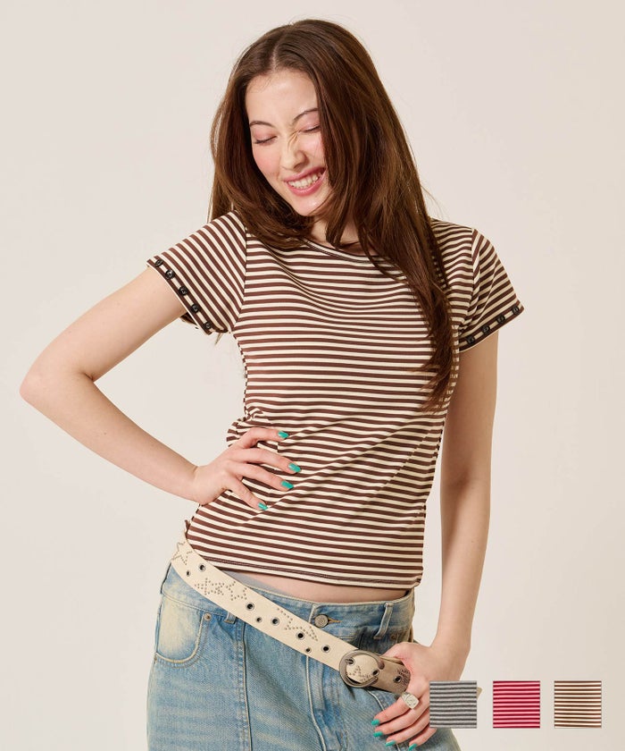 トップス/Tシャツ/ボタン付き ボーダー チビＴ TINA：JOJUN 