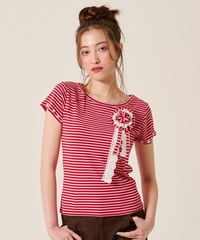 トップス/Tシャツ/ボタン付き ボーダー チビＴ TINA：JOJUN 