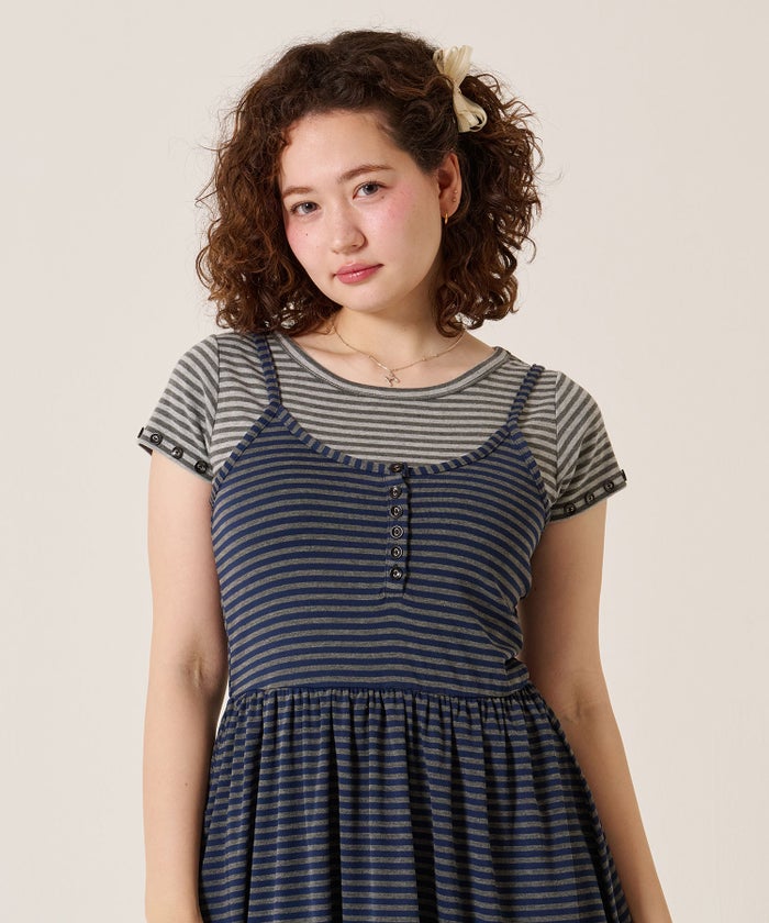 トップス/Tシャツ/ボタン付き ボーダー チビＴ TINA：JOJUN 