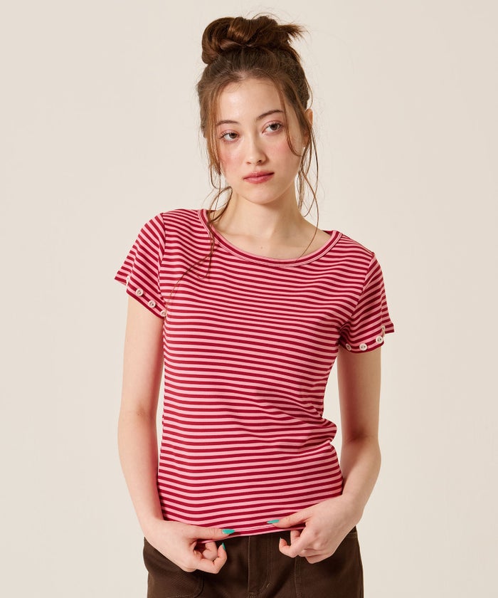 トップス/Tシャツ/ボタン付き ボーダー チビＴ TINA：JOJUN 