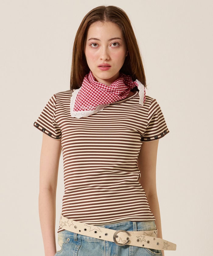 トップス/Tシャツ/ボタン付き ボーダー チビＴ TINA：JOJUN 