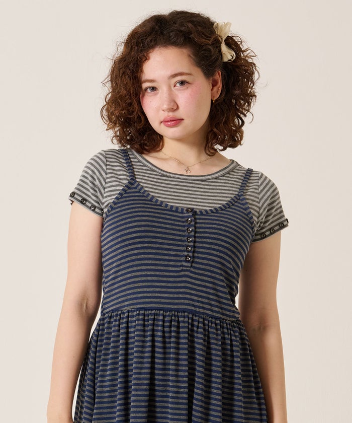 トップス/Tシャツ/ボタン付き ボーダー チビＴ TINA：JOJUN 