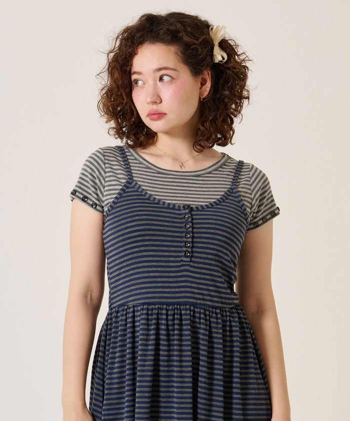 トップス/Tシャツ/ボタン付き ボーダー チビＴ TINA：JOJUN 